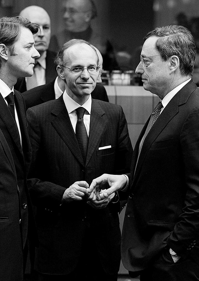 20 février 2012 à Bruxelles, Luc Frieden en discussion avec le ministre des Finances de la France et le président de la BCE