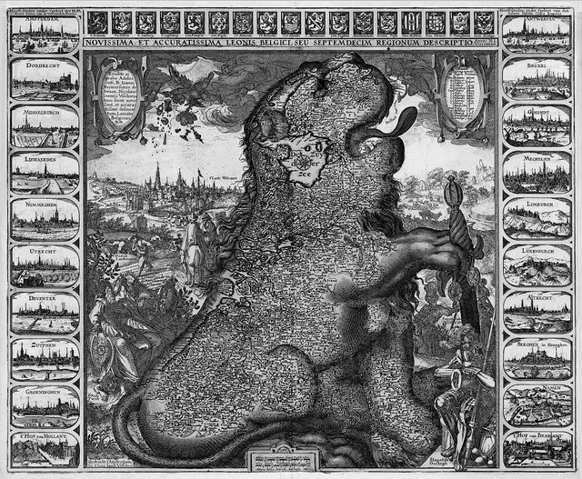 Leo Belgicus, ein Kupferstich von 1609 von Claes Janszoon Visscher. Der Löwe symbolisiert die Stärke der 17 Provinzen der Nieder